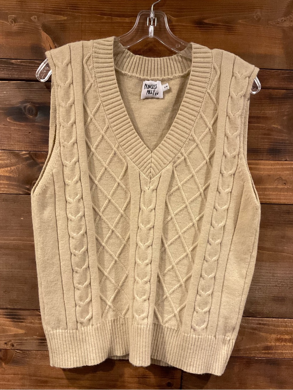Princess Polly Diamond Cable Knit V-Neck Sweater Vest - Beige size Small/ Medium